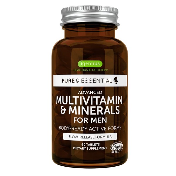 Men's Multivitamin, Clean Label & Vegan, High Strength Formula Without Iron, Daily Energy, Immunity & Heart Support, Methylated B-Vitamins Plus Lycopene, Slow Release, Chelated Minerals, by Igennus