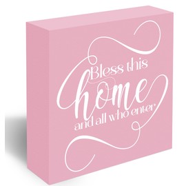 Blessed Signs for Home Decor, Pink Wooden Sign, Shelf Decorations Artwork for Farmhouse Decor, May God Bless This Home and All Who Enter Sign -D04