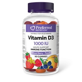 Preferred Nutrition Vitamin D3 1000IU, 90 Gummies, Mixed Berry-Peach, Helps Support Immune Function, Vegetarian