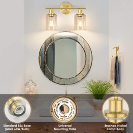 FOLKSMATE Bathroom Light Fixtures, 2 Light Brushed Brass Vanity Light, Gold Wall Sconces Lighting, Modern Bath Wall Mounted Lights with Glass Shade, Porch Wall Lamp for Mirror, Bedroom, Hallway