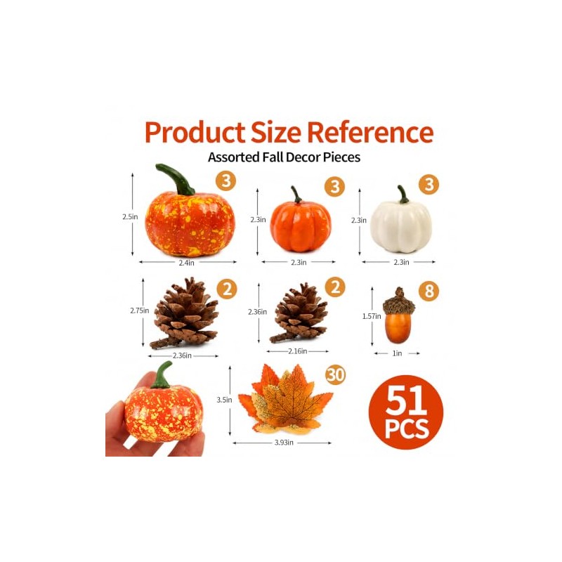 Juego de 51 piezas de decoración de otoño, calabazas artificiales,