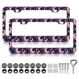 Moon Floral License Plate Frames - 2 Pack Colorful Flower Stainless Steel License Plate Holder,Rust-Proof Waterproof Car Decorative Tag Frames with Screws Fasteners Caps
