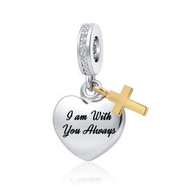 QeenseKc Religious Cross Charm Engraved I am with You Always Inspiring Words Bible Quotes Bead for Pandora Bracelet, Copper (Aut-51_Heart_Always)