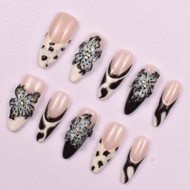 Medium Almond Press On Nails Handmade Reusable Unique Fake Nails, Artistic Design, Thick Acrylic and Muti-Layer Gel False Nails, Size M