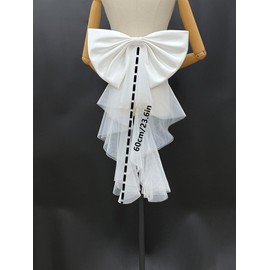 Detachable Satin Bow for Wedding Dress Bowknot with Irregular Tulle Tail (White-1layer-Tulle Tail)