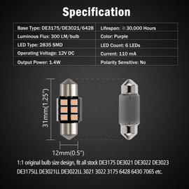 BRISHINE DE3175 LED Bulbs, Super Bright Purple 2835 Chipsets Canbus Error Free 31MM 1.25” Festoon DE3021 DE3022 3175 6428 LED Bulbs for Car Dome Map Door Courtesy License Plate Lights(Pack of 4)