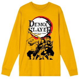 Demon Slayer Oversized Character Group Shot & Logo Men's Yellow Crew Neck Long Sleeve Tee-Large