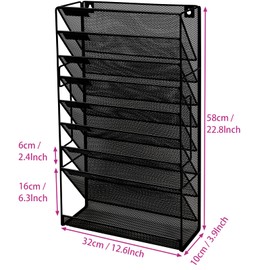 ideallife 8 Pockets Mesh Wall File Holder Organizer with Bottom Flat Tray, Office Hanging File Folder Magazine Rack, Nametag Label Hooks Set Included, Black Large Mesh