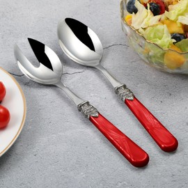 CATHYLIN 2-piece Salad Servers Stainless Steel Salad Serving Set Salad Fork and Spoon (Red)