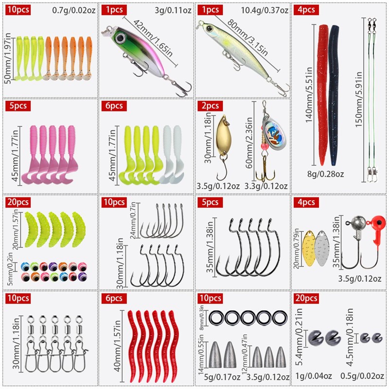 RoseFlower 114 PCS Fishing Lure Set, Includes Hard and Soft