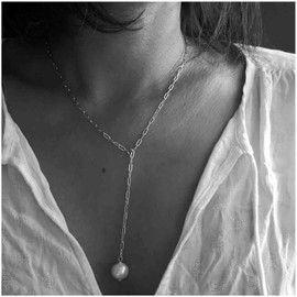 Cimenexe Bohemian Pearl Drop Necklace Choker Paper Clip Chain Necklace Silver Y Lariat Necklace Floating Pearl Necklace Jewelry for Women and Girls Gifts