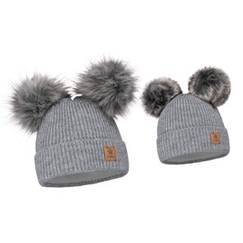 ELIMELI Parent-Child Hat Girls Warm Winter Hat for Mother and Daughter Hat Women's Winter with Two Pompoms Slouch Knitted Beanie Women's Bobble Hat Children Mum and Baby Cap Set 3, gray