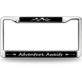 Mount Adventure Lover License Plate Frame for Father’s Day Proud Adventure Awaits License Plate Frame Anti-Theft Adventure Spirit Rust-Proof Chrome Screw Caps