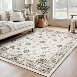 Machine Washable 5X7 Area Rug for Living Room Vintage Rugs, Bedroom Kitchen Rugs, Vintage Boho Carpet Kitchen Rugs Non-Slip Stain Low Pile Resistant Floor Carpet Indoor Entryway Rug, Camel