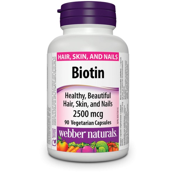 Webber Naturals Biotin 2,500 mcg, 90 Vegetarian Capsules, Supports Healthy Hair, Skin & Nails, Energy Metabolism, Gluten Free, Vegan