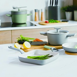 Berghoff Balance Non-stick Ceramic Square Grill Pan 11", Recycled Aluminum, Non-toxic, CeraGreen Nonstick Coating, Stay-cool Handle, Induction Pan, 100% Sustainable, Moonmist