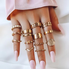 Todenb Gold Knuckle Rings Set for Women,Vintage Stackable Dainty Joint Finger Gold Jewelry Set,Butterfly pearl coin wave moon Stacking Rings Set Dainty Joint Finger Rings Midi Pinky Rings Pack, Metal,