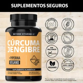 Beyond Vitamins | Raíz de Cúrcuma (curcumina) + Jengibre potenciado con Pimienta Negra (Piperina) – Cúrcuma Capsulas - Vitaminas Mujer / Hombre - Vegano | Curcuminoides (60 Cápsulas)