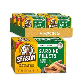 Season Sardines in Olive Oil - Skinless & Boneless, No Salt Added, Wild Caught, 22g of Protein, Keto Snacks, More Omega 3's Than Tuna, Kosher, High in Calcium, Canned Sardines - 4.37 Oz Tins, 6-Pack