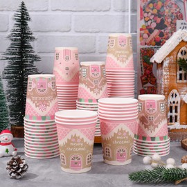 Whaline 100Pcs Christmas Paper Cups 9Oz Pink Gingerbread House Disposable Drink Cups for Winter Holiday Xmas Party Supplies Tableware Decor