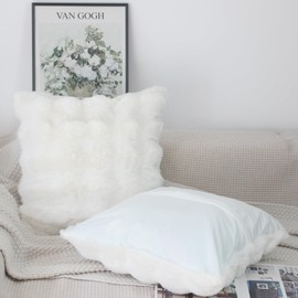 NIULAA Cream Cushion Covers 40cm x 40cm Pack of 2 Soft Fluffy Faux Fur Cushion Cover Thick Plush Luxury Decorative Pillows 16 x 16 Inches Modern Moroccan Style Covers Bedroom Sofa Pillow Shell