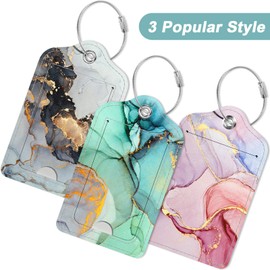 Hnogri 3 Pcs PU Leather Luggage Tags for Suitcase, Travel Cruise Luggage Tag with Privacy Flap, Name ID Label and Metal Loop for Women Men Baggage Handbag School Bag Backpack, Sunset Marble