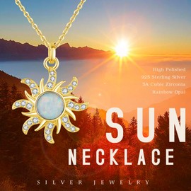 REDSUN Sun Necklace 925 Sterling Silver Opal Chain Blue/White Opal Sun Pendant Necklace Sun Jewellery Gifts for Women Girls, Sterling Silver, Opal