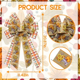 HIENAJ Large Fall Thanksgiving Wreath Bow for Front Door Vintage Pumpkin Sunflower Plaid Burlap Linen Bow for Wreath Thanksgiving Christmas Party Home Wall Decoration Ornament Supplies