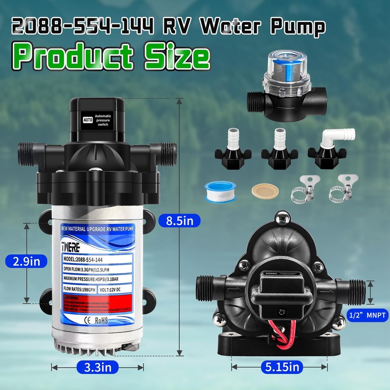 2088-403-144/2088-554-144 Diaphragm Pump,12 V 45 PSI RV Water Pump,3.5 Gallons