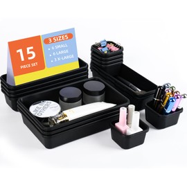 Kutesna 15 Piece Drawer Organizer Set, 3 Size Interlocking Plastic Storage Bins for Office Supplies, Jewelry Makeup Vanity, Bathroom Kitchen, Home Organization Closet, Gadgets Small Items, Black