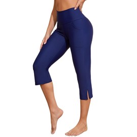 Charmo Womens Swim Capris Side Pockets Swim Leggings Slit Elasticated Waistband Swim Pants Navy M