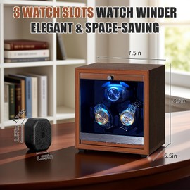 Watch Winder for Automatic Watches 3 Watch Winder with LED Light, 4 Rotation Modes Watch Turner, Super Quiet Motor, Memory Foam Pillows, Adapter Included, Luxury Gift for Men & Women