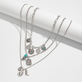 MGFESIO Western Cowgirl Multi-Layered Necklace Set, Cowboy Boot and Charm Pendants, Silver and Gold Tone Chains with Turquoise Accents (Silver 1)