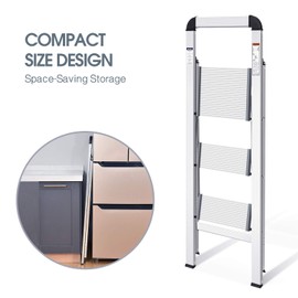 KINGRACK Aluminium 3 Step Ladder, Lightweight Step Stool with Non-Slip Pedals, Handrail, 330 LBS Foldable Step Ladder for Kitchen, Garage, Home, Space Saving, Sturdy and Portable, Silver