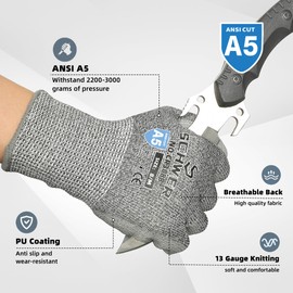 Schwer 12 Pairs ANSI A5 Cut Resistant Work Gloves, Cut Proof Gloves with PU Coating, Used for Metal Fabrication, WoodWorking, Construction, Non Slip, Durable, L, CR3088