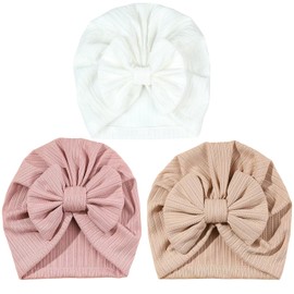 Vimmvid Pack of 3 Baby Girl Headbands, Soft Baby Hat Girls with Bow for Baby Girl and 0-12 Months Newborn Toddlers, White Pink Khaki, Unit size