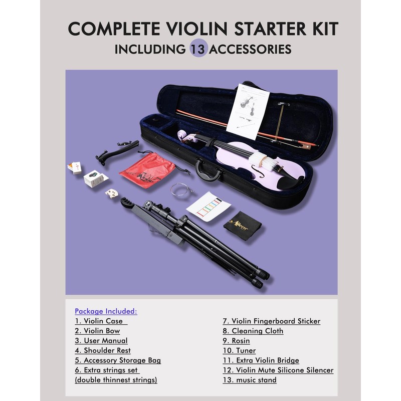 Aileen Violin 4/4 Full Size for Adults Beginners, Purple Fiddle