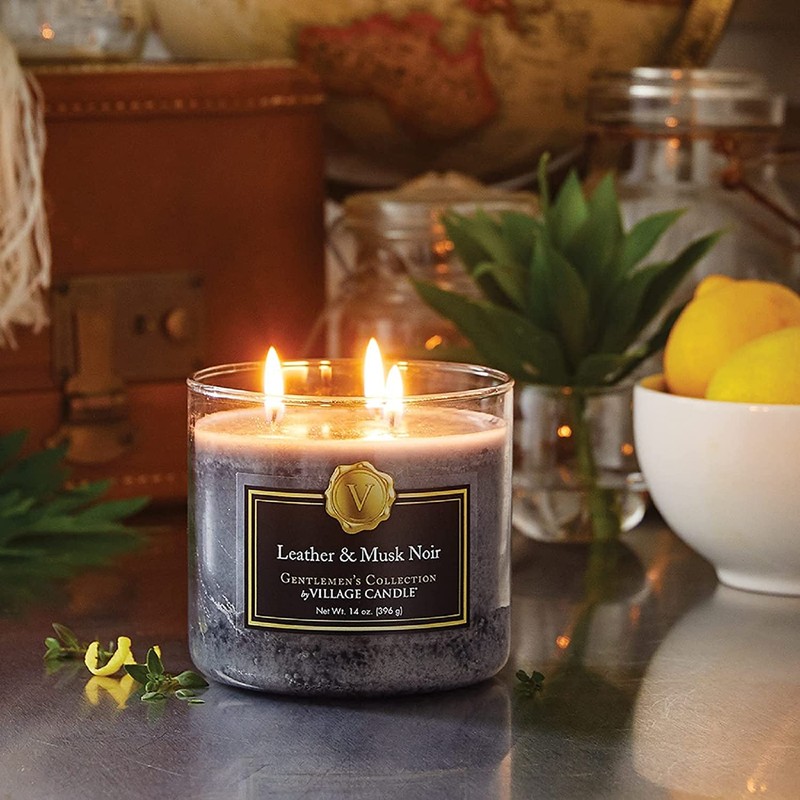 Village Candle Leather & Musk Noir Medium Bowl, 14oz, Black,