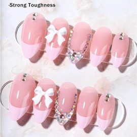 RUOKEXIN Almond Press on Nails Pink French Tip Fake Nails Medium Length False Nails with Rhinestones Designs Bow Glue on Nails Sparkly Artificial Nails Cute Stick on Nails for Women 24Pcs