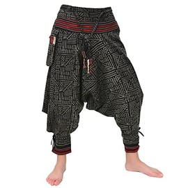 Siamrose Samurai Harem Pants Men Women Yoga Ninja Pants Handmade from Cotton (Black Gray Pattern)