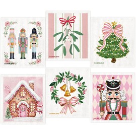 Pink Christmas Swedish Kitchen Towel Winter Snowflake & Christmas Bell Absorbent Hand Towel Biodegradable Quick-Dry Kitchen Cleaning Cloth Cellulose Sponge Cloth, Size 7×8 inches