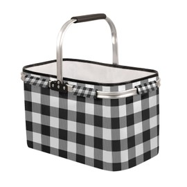 Plaid Collapsible Market Basket, White Black Stripe Leakproof Folding Collapsible Portable Picnic Basket Strong Aluminum Frame for Travel, Shopping, Camping & Lake Trips