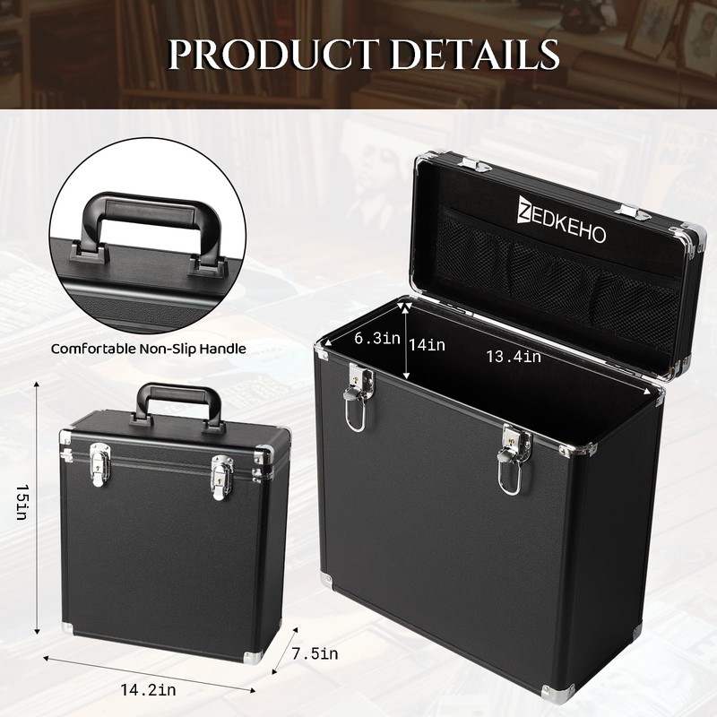 ZEDKEHO Vinyl Record Storage Box with Lock, Holds 35+ LP