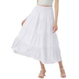 Women's Long Skirt Summer Flowy Boho Maxi Tiered A-Line Elastic High Waist Pleated Beach Dress(White,Large)
