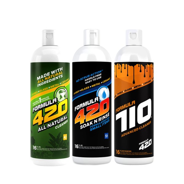 Formula 420 Bundle Pack : 1 Bottle ALL NATURAL Pipe Cleaner - Cleans - Glass, Pyrex, Metal, Ceramic 16 oz, 1 Bottle Soak-N-Rinse 16 oz & 1 Bottle Formula 710 Advanced Cleaner