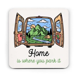 Home Is Where You Park It Coaster – Cork-Backed Premium Printed Camper Van & Mountain Design – Camping Gifts for Van Life Lovers – Protects Surfaces, Perfect for Home or Campe