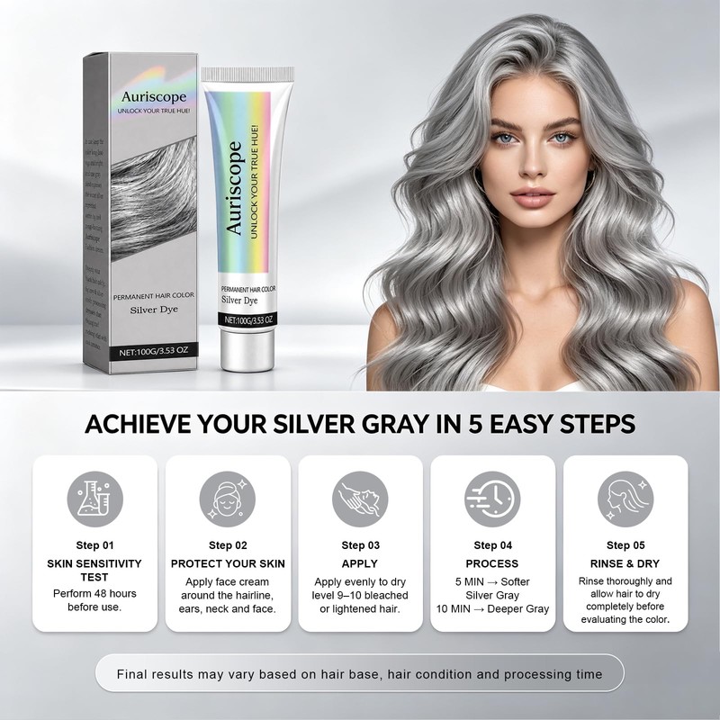 Silver Hair Dye, Metallic Silver Gray Hair Color for Bleached