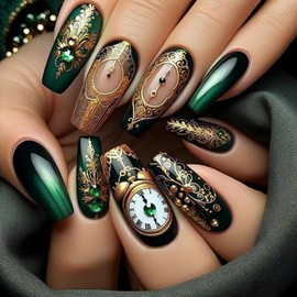 Press on Nails Medium Coffin OFDNE Dark Green Fake Nails False Nails with Designs Rhinestones Clock Gradient Glossy Glue on Nails Stick on Nails Acrylic Nails for Women Girls 24 Pcs