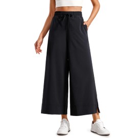CRZ YOGA Lightweight Wide Leg Cropped Pants for Women High Waisted Loose Casual Lounge Travel Work Pants with Pockets Summer Black Large