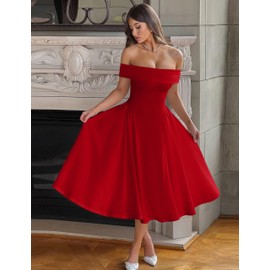 YMDUCH Women's Elegant Off Shoulder Short Sleeve A line Flowy Swing Party Evening Long Dress Red